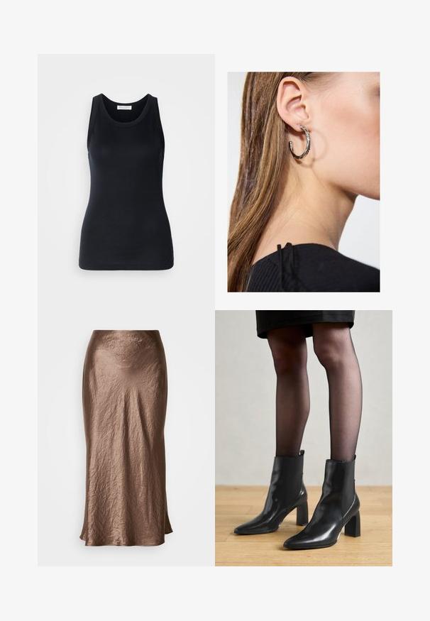 Black tank top made from soft, stretchy fabric. Features a round neckline and wide shoulder straps, with a fitted silhouette and smooth texture.; Bronze-colored, mid-length skirt made of crinkled fabric; smooth texture with a slight sheen; subtle flare at the hem.; Black leather ankle boots with a pointed toe, chunky square heel, and sleek design. Features elastic side panels for easy wear.; Silver hoop earring with a polished finish, featuring small gold accent details and a round shape, worn on the lobe.