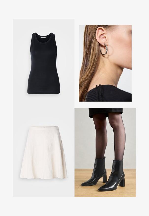 Débardeur noir en tissu doux et extensible. Il dispose d'un col rond et de larges bretelles, avec une silhouette ajustée et une texture lisse.; Jupe en lin blanc avec un design fluide en A. Dotée d'une taille lisse et d'une texture légère avec des plis subtils.; Bottines en cuir noir avec un bout pointu, un talon carré épais et un design élégant. Présente des panneaux latéraux élastiques pour un enfilage facile.; Boucle d'oreille en argent avec une finition polie, présentant de petits détails en or et de forme ronde, portée sur le lobe.