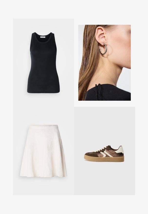 Černý top bez rukávů vyrobený z měkkého, elastického materiálu. Má kulatý výstřih a široké ramenní popruhy, s přiléhavým střihem a hladkou texturou.; Bílá lněná sukně s elegantním, áčkovým střihem. Má hladký pas a lehkou strukturu s jemnými vráskami.; Hnědé a krémové tenisky s kombinací semiše a saténu, které mají tři diagonální pruhy a texturovanou gumovou podrážku.; Stříbrný kruhový náušník s lesklým povrchem, zdobený malými zlatými akcenty, v kulatém tvaru, nošený na lalůčku.