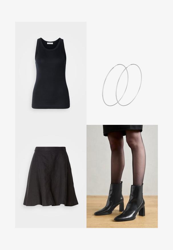 Top nero senza maniche realizzato in un tessuto morbido e elasticizzato. Caratterizzato da un collo rotondo e spalline larghe, con una vestibilità aderente e una superficie liscia.; Gonna nera in lino con un design svasato, dotata di una vita e cuciture. Il tessuto ha una finitura leggermente strutturata e arriva fino al ginocchio.; Stivaletti neri in pelle con punta affusolata, tacco quadrato imponente e design elegante. Dotati di pannelli laterali elasticizzati per una facile vestibilità.; Orecchini a cerchio in argento con un design minimalista. Forma circolare, superficie liscia e profilo sottile. Leggeri con una finitura lucida.