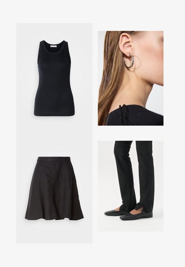 Débardeur noir en tissu doux et extensible. Il dispose d'un col rond et de larges bretelles, avec une silhouette ajustée et une texture lisse.; Jupe en lin noire avec un design évasé, dotée d'une taille et de coutures. Le tissu a une texture légèrement texturée et arrive à hauteur du genou.; Ballerines en cuir noire avec un bout pointu, sangle avec boucle en argent, associées à un pantalon noir sur mesure avec un ourlet fendu.; Boucle d'oreille en argent avec une finition polie, présentant de petits détails en or et de forme ronde, portée sur le lobe.