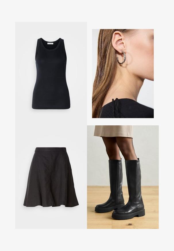 Zwarte tanktop gemaakt van zachte, rekbare stof. Heeft een ronde halslijn en brede schouderbanden, met een aansluitende snit en een gladde textuur.; Zwarte linnen rok met een uitlopende ontwerp, voorzien van een tailleband en naden. De stof heeft een licht gestructureerde afwerking en valt tot op de knie.; Zwarte leren kniehoge laarzen met een gladde textuur, voorzien van een dikke rubberen zool en een zijrits voor gemakkelijk aan- en uittrekken.; Zilveren oorbel met een gepolijste afwerking, met kleine gouden accentdetails en een ronde vorm, gedragen op de oorlel.