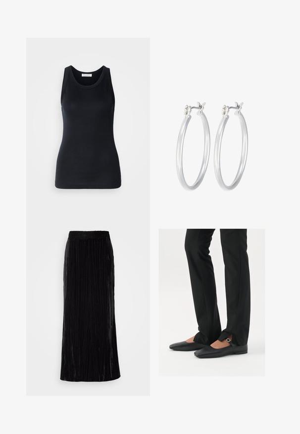Schwarzes Tanktop aus weichem, dehnbarem Stoff. Mit Rundhalsausschnitt und breiten Trägern, tailliert geschnitten und mit glatter Oberfläche.; Schwarzer Samt-Maxi-Rock mit vertikalen Falten und einem gewellten Spitzensaum. Der Stoff hat ein weiches, strukturiertes Aussehen.; Schwarze Leder-Ballerinas mit spitzer Zehenpartie, Riemchen mit silberner Schnalle, kombiniert mit schwarzen taillierten Hosen mit Schlitzsaum.; Silberne Creolen mit einer glatten, polierten Oberfläche. Runder Form und sicherem Klickverschluss. Leichtes Design, geeignet für den täglichen Gebrauch.