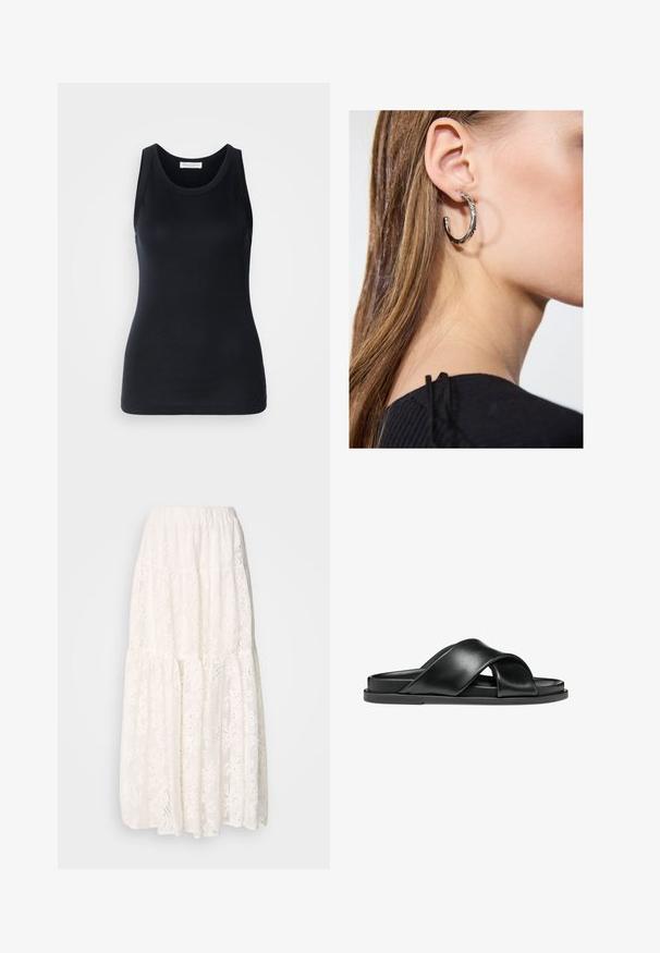 Top negro sin mangas hecho de tela suave y elástica. Presenta un escote redondo y tirantes anchos, con una silueta ajustada y una textura suave.; Falda maxi blanca de encaje con un diseño en capas, cinturilla elástica y intrincados patrones florales en toda su extensión. Tela ligera y texturizada.; Sandalias de cuero negro con tiras cruzadas, suela plana, textura suave y un diseño minimalista. Sin herrajes ni patrones visibles.; Pendiente de aro de plata con un acabado pulido, que presenta pequeños detalles en dorado y una forma redonda, llevado en el lóbulo.