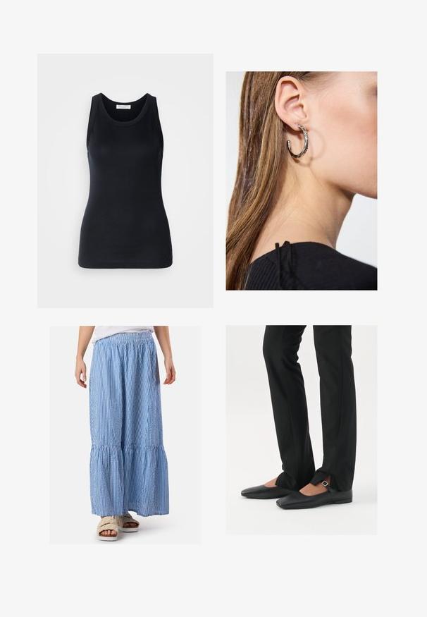 Black tank top made from soft, stretchy fabric. Features a round neckline and wide shoulder straps, with a fitted silhouette and smooth texture.; Blue and white striped maxi skirt with an elastic waistband, gathered tiers, and a lightweight fabric. Paired with fluffy sandals.; Black leather ballet flats with a pointed toe, strap with silver buckle, paired with black tailored pants featuring a slit hem.; Silver hoop earring with a polished finish, featuring small gold accent details and a round shape, worn on the lobe.