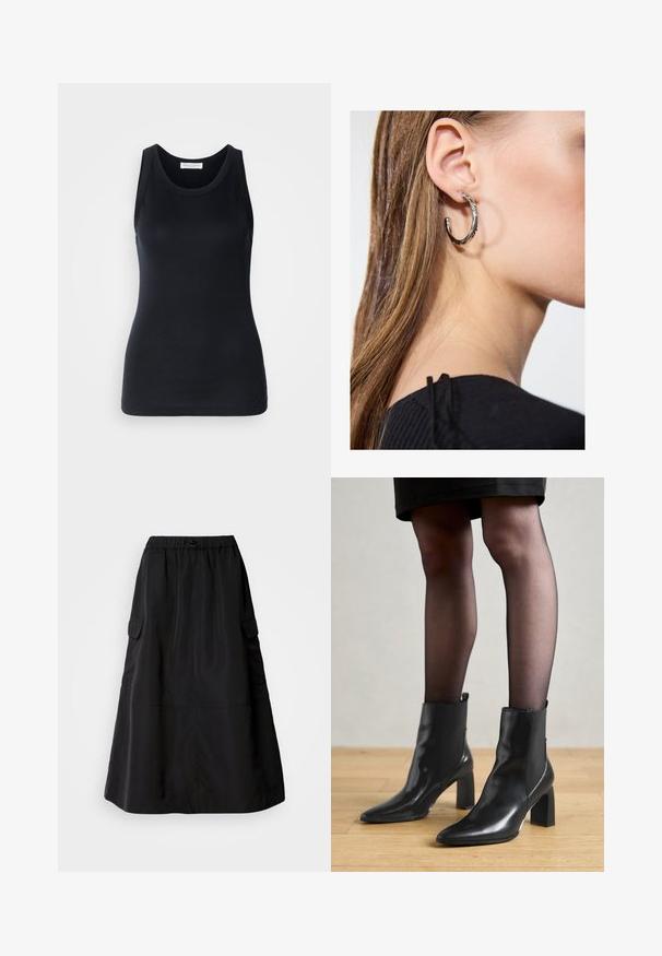 Svart tanktopp laget av myk, elastisk stoff. Har rund halsutskjæring og brede skulderstropper, med en tettsittende silhuett og jevn tekstur.; Svart skjørt med løs passform, laget av glatt stoff. Har elastisk midjebånd og to siden cargo-lommer. Halvlengdes design.; Sorte ankelstøvler i skinn med spiss tå, chunky firkantet hæl, og slank design. Har elastiske sidede paneler for enkel påføring.; Sølv ringøredob med en polert finish, med små gull detaljer og en rund form, båret på øreflippen.