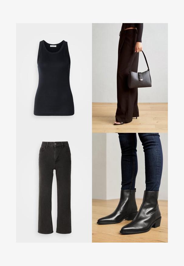 Black tank top made from soft, stretchy fabric. Features a round neckline and wide shoulder straps, with a fitted silhouette and smooth texture.; Black wide-leg jeans made of denim, featuring a front button closure, belt loops, and five pockets with a slightly faded texture.; Black leather ankle boots with a pointed toe, minimal stitching detail, and a low stacked heel. Smooth texture with a sleek design.; Black handbag with structured shape, smooth texture, and a metallic clasp. Paired with wide black pants and open-toe sandals on wooden floor.