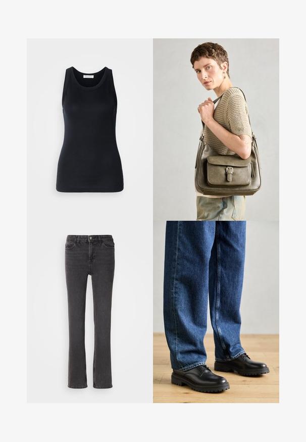 Μαύρη базή φανέλα φτιαγμένη από μαλακό, ελαστικό ύφασμα. Διαθέτει στρογγυλή λαιμόκοψη και φαρδιές τιράντες, με εφαρμοστή σιλουέτα και ομαλή υφή.; Μαύρα τζιν παντελόνια με ίσια γραμμή, διαθέτοντας μπροστινές τσέπες, φερμουάρ και διακριτές λεπτομέρειες ραφής. Το ύφασμα έχει ελαφρώς υφή.; Μαύρα δερμάτινα παπούτσια με στρογγυλή μύτη, σχέδιο με κορδόνια και παχύ, υφασμάτινο ελαστικό πάτο, συνδυασμένα με φαρδιά μπλε τζην παντελόνια.; Ελαιόχρωμου δερμάτινη τσάντα χεριού με κλεισμένη μπροστινή καπάκι, ρυθμιζόμενο λουρί και ασημένιες λεπτομέρειες, εκτεθειμένη σε ένα μοντέλο που φοράει πλεκτό μπλουζάκι.; Ασημένιο σκουλαρίκι κρίκος με γυαλιστερή φινίρισμα, που διαθέτει μικρές χρυσές λεπτομέρειες και στρογγυλό σχήμα, φορεμένο στον λοβό.