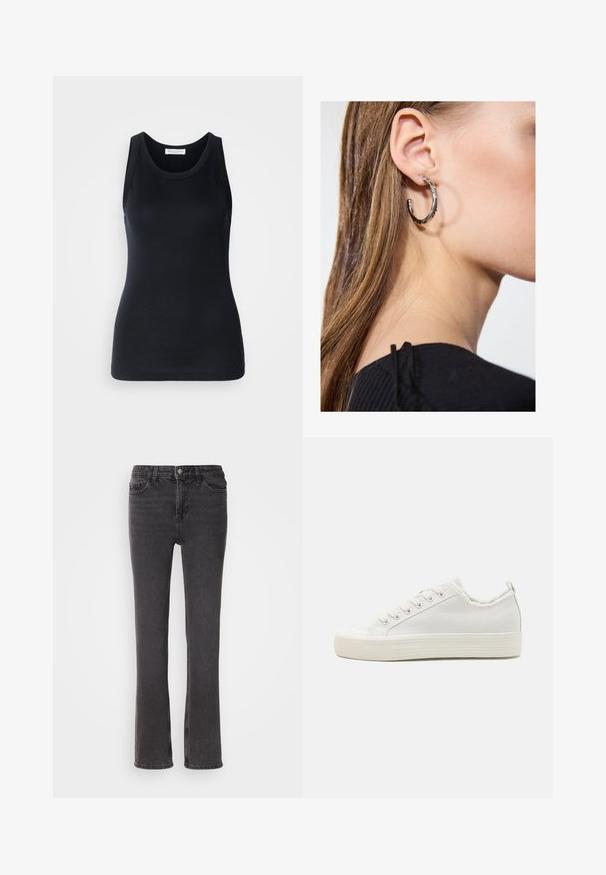 Débardeur noir en tissu doux et extensible. Il dispose d'un col rond et de larges bretelles, avec une silhouette ajustée et une texture lisse.; Jeans en denim noir à coupe droite, avec des poches avant, une fermeture éclair et des détails de couture subtils. Le tissu a une légère texture.; Baskets en toile blanches avec une tige texturée, bout rond, semelle plate et laçage à l'avant. Présentent un col légèrement effiloché et une languette.; Boucle d'oreille en argent avec une finition polie, présentant de petits détails en or et de forme ronde, portée sur le lobe.