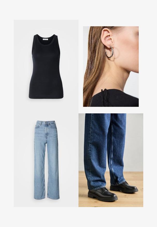Black tank top made from soft, stretchy fabric. Features a round neckline and wide shoulder straps, with a fitted silhouette and smooth texture.; Light blue high-waisted jeans with a straight leg, made of denim, featuring a front button closure and subtle fading details.; Black leather shoes with a rounded toe, lace-up design, and thick, textured rubber sole, paired with loose-fitting blue denim jeans.; Silver hoop earring with a polished finish, featuring small gold accent details and a round shape, worn on the lobe.