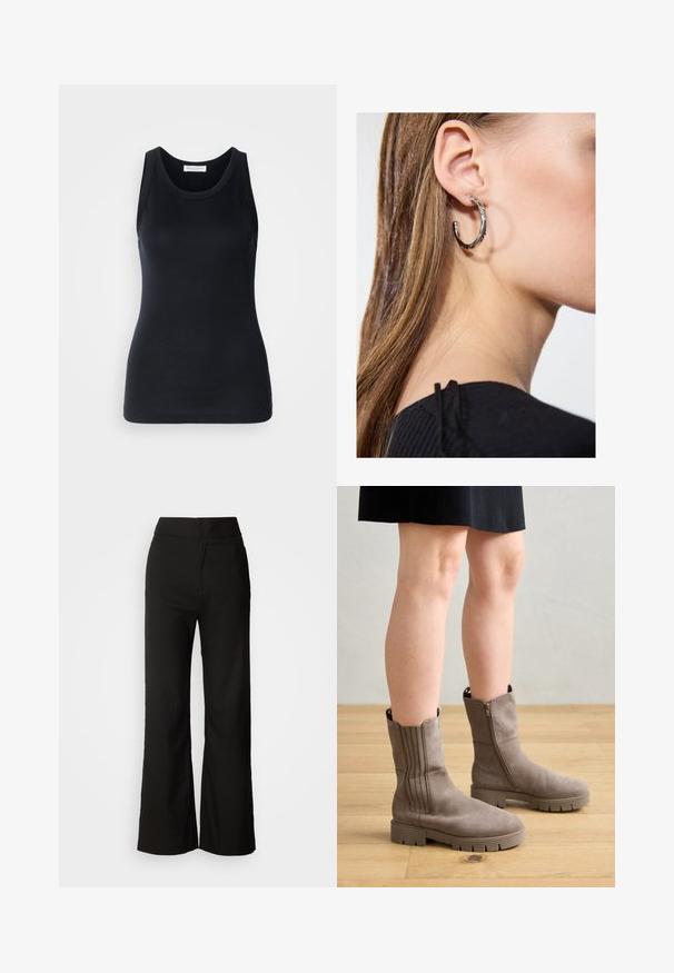 Musta tanktop, mis on valmistatud pehmest ja venivast materjalist. Omab ümmargust kaelust ja laiu õlapaelu, ning sellel on voolav siluett ja sile tekstuur.; Mustad laiad püksid sujuva tekstuuriga, kõrge vöökoht ja puhas disain. Ei ole nähtavaid taskuid ega dekoreerimist.; Tumepruunid pahkluu saapad sileda sametise viimistluse ja vertikaalsete õmblusdetailidega, külje lukuga ja paksu kummist tallaga.; Hõbedane rõngas kõrvarõngas poleeritud viimistlusega, millel on väikesed kuldsed aktsendid ja ümmargune kuju, kantud lobus.