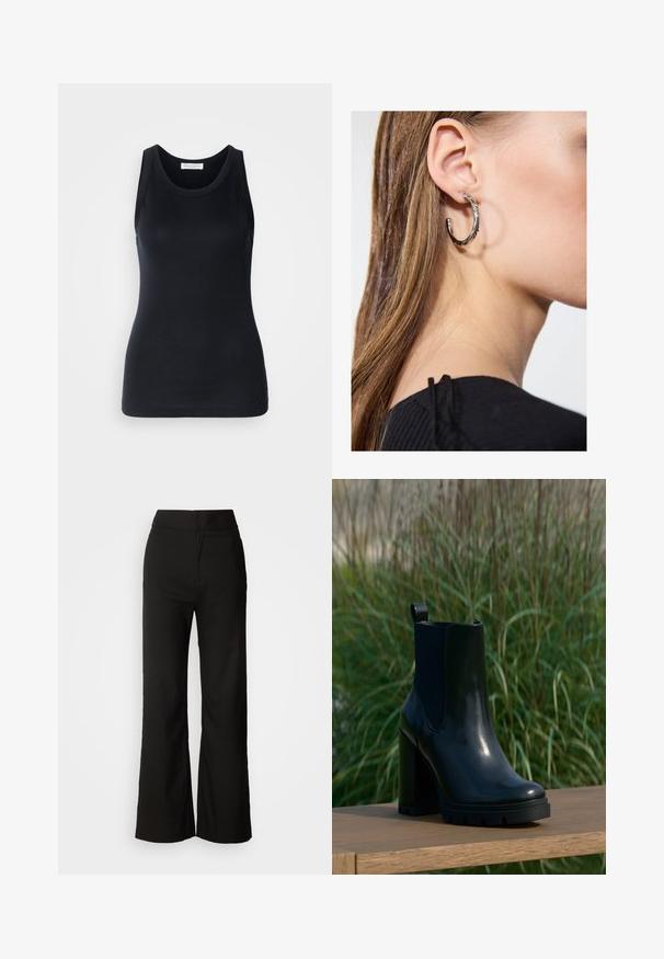 Czarny top na ramiączkach wykonany z miękkiego, rozciągliwego materiału. Posiada okrągły dekolt i szerokie ramiączka, ma dopasowany krój oraz gładką fakturę.; Czarne spodnie z szerokimi nogawkami o gładkiej fakturze, wysokim stanie i minimalistycznym designie. Brak widocznych kieszeni i zdobień.; Czarne, błyszczące skórzane botki za kostkę z grubym, wysokim obcasem i pętelką do zakupu, wyeksponowane na drewnianej powierzchni z tłem z zielonej, wysokiej trawy.; Srebrny kolczyk w kształcie koła z polerowanym wykończeniem, z małymi złotymi akcentami, noszony na płatku ucha.