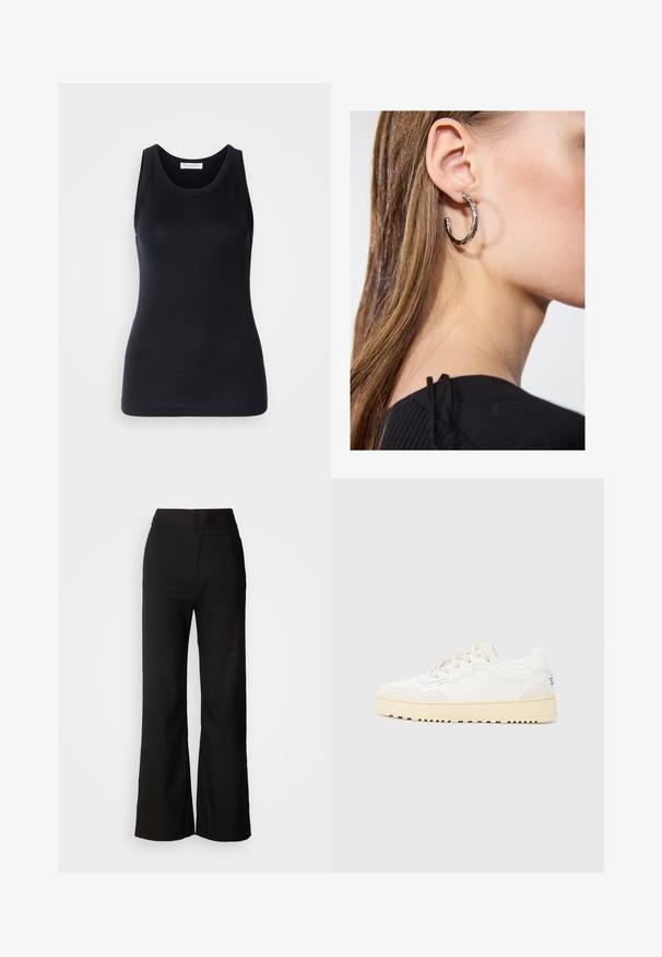 Black tank top made from soft, stretchy fabric. Features a round neckline and wide shoulder straps, with a fitted silhouette and smooth texture.; Black wide-leg trousers with a smooth texture, high waist, and a clean design. No visible pockets or embellishments.; White sneaker with a textured leather upper, beige accents, round toe, and a thick, textured rubber sole. Features six lace holes.; Silver hoop earring with a polished finish, featuring small gold accent details and a round shape, worn on the lobe.