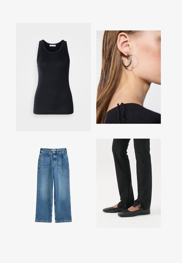 Melnā top forma bez piedurknēm, kas izgatavota no mīksta, elastīga auduma. Iezīmes apaļa kakla izgriezuma un platām plecu lencēm, ar pieguļošu siluetu un gludu tekstūru.; Augstās jostas vietas, plaša kāju zilu denima džinsi ar priekšējiem kabatām, jostas cilpām un priekšējo pogu un rāvējslēdzēju.; Melni ādas baleta zābaki ar smailo purngalu, siksniņa ar sudraba sprādzi, kombinēti ar melniem tailētiem biksēm ar šķēluma apakšdaļu.; Sudraba auskars ar pulētu apdari, ar maziem zelta akcentiem un apaļu formu, uz ausu ļipiņas.