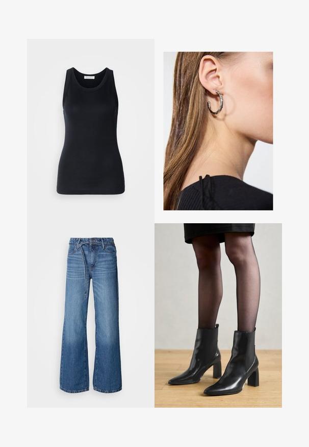 Black tank top made from soft, stretchy fabric. Features a round neckline and wide shoulder straps, with a fitted silhouette and smooth texture.; Light blue wide-leg jeans made of denim. Features a high waist, visible stitching, and a tie belt. Faded texture towards the bottom.; Black leather ankle boots with a pointed toe, chunky square heel, and sleek design. Features elastic side panels for easy wear.; Silver hoop earring with a polished finish, featuring small gold accent details and a round shape, worn on the lobe.