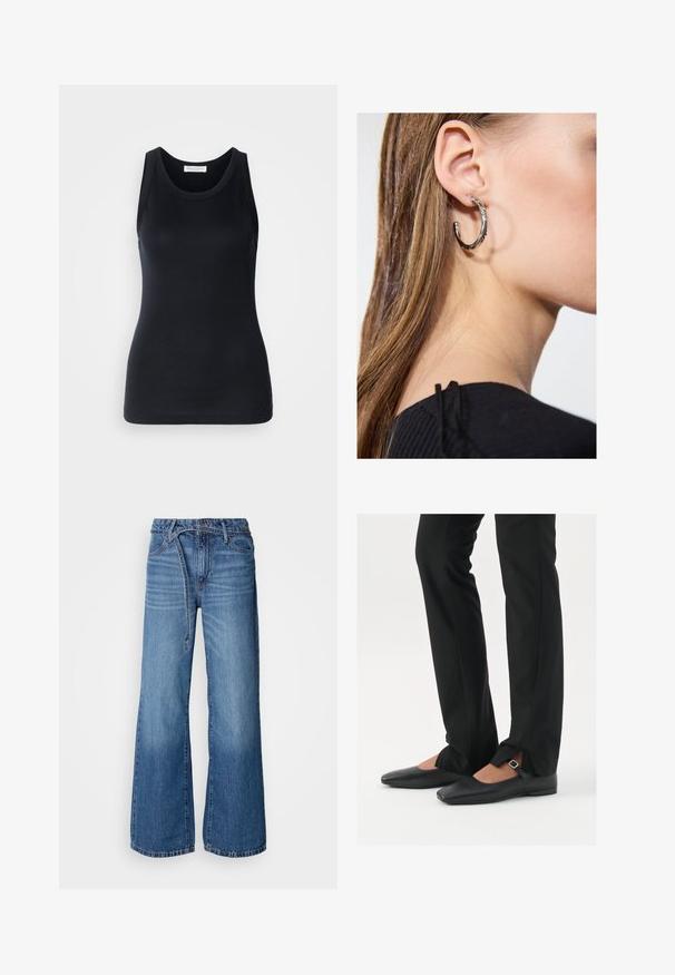 Black tank top made from soft, stretchy fabric. Features a round neckline and wide shoulder straps, with a fitted silhouette and smooth texture.; Light blue wide-leg jeans made of denim. Features a high waist, visible stitching, and a tie belt. Faded texture towards the bottom.; Black leather ballet flats with a pointed toe, strap with silver buckle, paired with black tailored pants featuring a slit hem.; Silver hoop earring with a polished finish, featuring small gold accent details and a round shape, worn on the lobe.