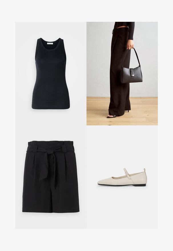 Débardeur noir en tissu doux et extensible. Il dispose d'un col rond et de larges bretelles, avec une silhouette ajustée et une texture lisse.; Shorts noirs ajustés avec une taille haute, dotés d'une ceinture à nouer, de plis et d'une texture de tissu lisse.; Ballerines blanches en cuir avec un bout pointu, une boucle sur le côté et un petit talon noir. Texture lisse et design minimaliste.; Sac à main noir à la forme structurée, texture lisse et fermoir métallique. Associé à un pantalon noir ample et des sandales ouvertes sur un sol en bois.; Boucle d'oreille en argent avec une finition polie, présentant de petits détails en or et de forme ronde, portée sur le lobe.