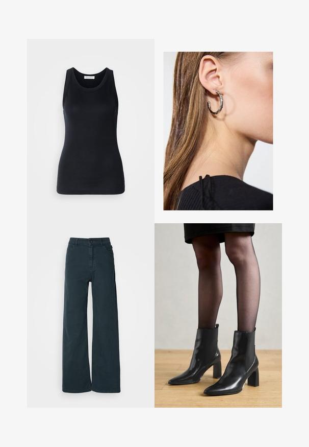Svart linne i mjukt, stretchigt material. Har rund halsringning och breda axelremmar, med en figurnära silhuett och slät yta.; VIDE-BEN BYXOR i mörkgrå bomullsblanding, med knappstängning fram, bältesöglor och två sidofickor. Slät textur med minimal detaljering.; Svarta läderankelstövlar med spetsig tå, kraftig kvadratisk klack och en slank design. Har elastiska sidopaneler för enkel påtagning.; Silverörhänge med polerad yta, med små detaljer i guld och rund form, bärs på loben.