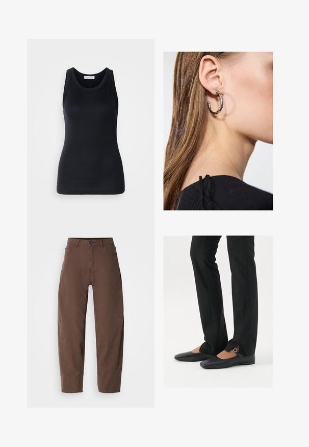 Fekete ujjatlan felső, puha, rugalmas anyagból készült. Kerek nyakkivágással és széles vállpántokkal rendelkezik, testhezálló szabású és sima textúrájú.; Barna egyenes lábú nadrág elülső gombbal és cipzárral, övfesztőkkel és oldalzsebekkel, fehér háttéren bemutatva.; Fekete bőr balettcipők hegyes orral, ezüst csattal ellátott pánttal, fekete szabott nadrággal, amelynek hasított szegélye van.; Ez egy ezüst fülbevaló, sima felülettel, amelyen apró arany díszítőelemek találhatók. Kerek formájú és a fülcimpán viselik.