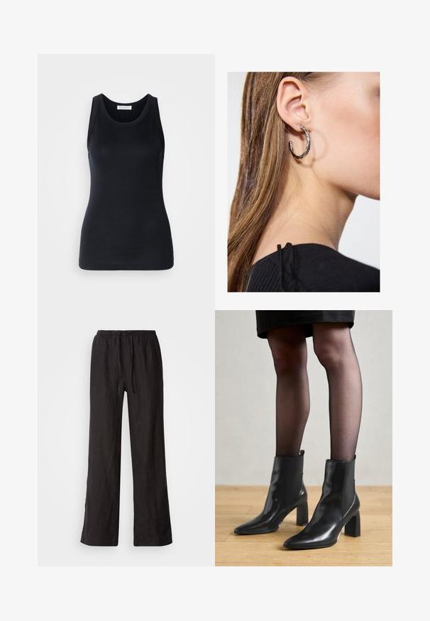Black tank top made from soft, stretchy fabric. Features a round neckline and wide shoulder straps, with a fitted silhouette and smooth texture.; Black, loose-fitting pants with an elastic waistband and drawstring. Made of a lightweight fabric with a smooth texture and straight legs.; Black leather ankle boots with a pointed toe, chunky square heel, and sleek design. Features elastic side panels for easy wear.; Silver hoop earring with a polished finish, featuring small gold accent details and a round shape, worn on the lobe.