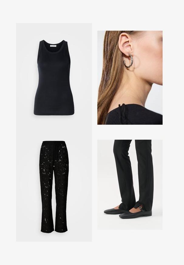 Črn top brez rokavov, izdelan iz mehkega, raztegljivega materiala. Ima okrogel ovratnik in široke naramnice, s prilagojeno silhueto in gladko teksturo.; Črne čipkaste hlače s cvetličnim vzorcem, široka oblikovanje in gladka tekstura. Imajo pas in zračno silhueto.; Črne usnjene balerinke s koničastim nosom, trak z srebrno zaponko, v kombinaciji s črnimi elegantnimi hlačami z razporkom na robu.; Srebrna obročasta uhana s polirano površino, ki vključuje majhne zlate poudarke in okroglo obliko, nošena na ušesnem lobu.