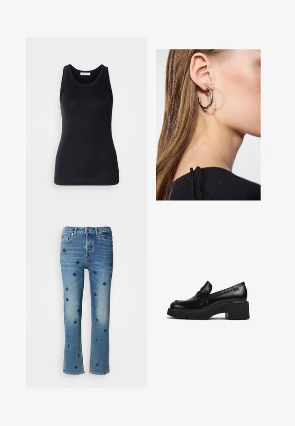 Črn top brez rokavov, izdelan iz mehkega, raztegljivega materiala. Ima okrogel ovratnik in široke naramnice, s prilagojeno silhueto in gladko teksturo.; Svetlo modri jeans s ravnimi nogavicami, okrašeni z mornarsko modrim cvetličnim vezenjem in učinkom nosilnosti okoli žepov ter roba.; Črne usnjene molerke s debelim petom in širokim podplatom ter trakom čez zgornji del, prikazane s strani na beli podlagi.; Srebrna obročasta uhana s polirano površino, ki vključuje majhne zlate poudarke in okroglo obliko, nošena na ušesnem lobu.