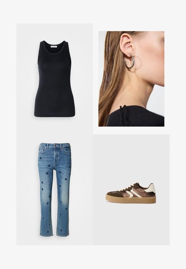 Musta hihaton paita, joka on valmistettu pehmeästä ja joustavasta kankaasta. Siinä on pyöreä kaula-aukko ja leveät olkaimet, muotoiltu siluetti ja sileä rakenne.; Vaaleansiniset farkut suoralla lahkeella, joissa on tummansinistä kukkataidetta ja kulutuskohdistuksia lähellä taskuja ja pääntietä.; Ruskeat ja kermaiset tennarit, joissa on mokkanahka- ja satiinimateriaaleja, kolmena vinona nauhana ja teksturoitu kumipohja.; Hopea renkaankorvakoru kiiltävällä pinnalla, jossa on pieniä kultaisia yksityiskohtia ja pyöreä muoto, käytetty korvalla.