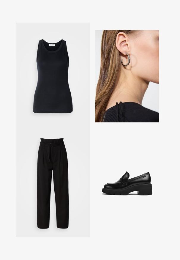 Black tank top made from soft, stretchy fabric. Features a round neckline and wide shoulder straps, with a fitted silhouette and smooth texture.; Black high-waisted trousers with a wide leg, featuring front pleats and a fabric belt with a circular buckle. Smooth texture and tailored design.; Black leather chunky-heeled loafer with thick sole and a strap detail across the top, shown from the side on a white background.; Silver hoop earring with a polished finish, featuring small gold accent details and a round shape, worn on the lobe.