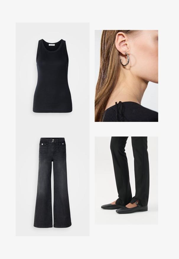 Melnā top forma bez piedurknēm, kas izgatavota no mīksta, elastīga auduma. Iezīmes apaļa kakla izgriezuma un platām plecu lencēm, ar pieguļošu siluetu un gludu tekstūru.; Melni džinsi ar plašu kāju dizainu, augstu jostasvietu, priekšējiem pogām un divām priekšējām kabatām; gluda tekstūra ar nelielu izbalēšanas efektu.; Melni ādas baleta zābaki ar smailo purngalu, siksniņa ar sudraba sprādzi, kombinēti ar melniem tailētiem biksēm ar šķēluma apakšdaļu.; Sudraba auskars ar pulētu apdari, ar maziem zelta akcentiem un apaļu formu, uz ausu ļipiņas.