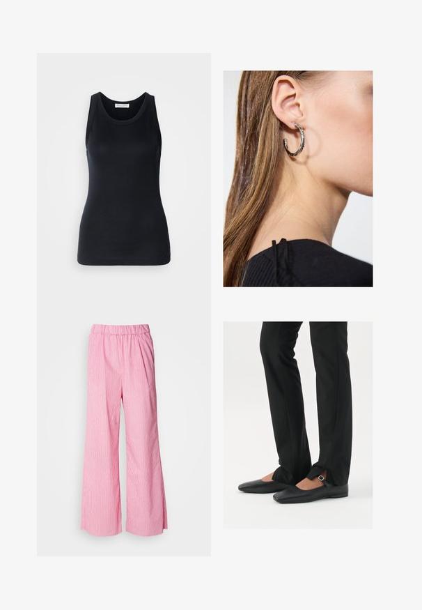 Black tank top made from soft, stretchy fabric. Features a round neckline and wide shoulder straps, with a fitted silhouette and smooth texture.; Pink wide-leg trousers with vertical white stripes, elastic waistband, lightweight fabric, and a relaxed fit for comfort.; Black leather ballet flats with a pointed toe, strap with silver buckle, paired with black tailored pants featuring a slit hem.; Silver hoop earring with a polished finish, featuring small gold accent details and a round shape, worn on the lobe.