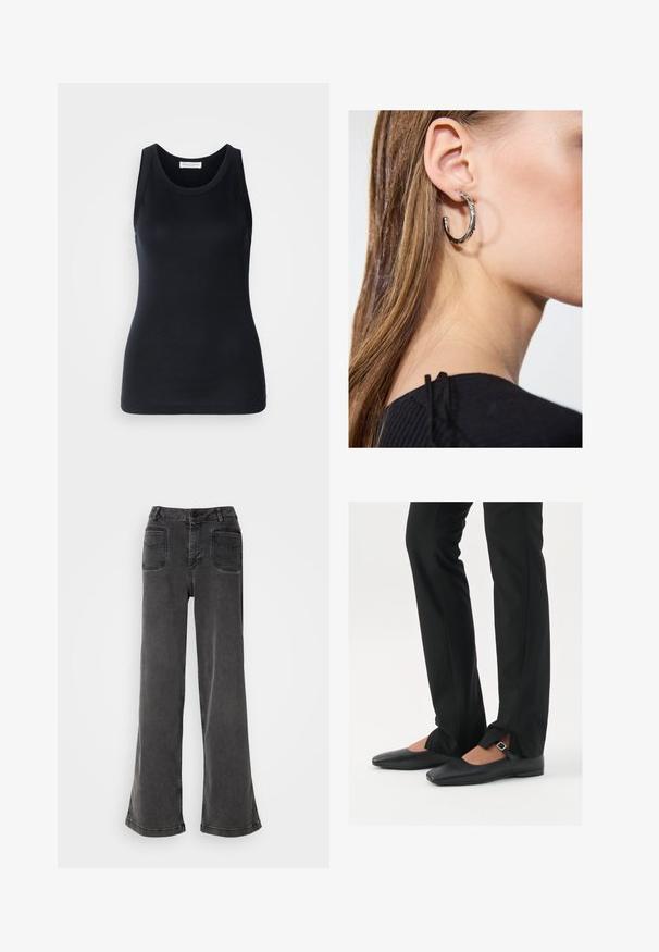 Black tank top made from soft, stretchy fabric. Features a round neckline and wide shoulder straps, with a fitted silhouette and smooth texture.; High-waisted, wide-leg black jeans made from denim, featuring a button fly, belt loops, and two rear pockets with stitched accents.; Black leather ballet flats with a pointed toe, strap with silver buckle, paired with black tailored pants featuring a slit hem.; Silver hoop earring with a polished finish, featuring small gold accent details and a round shape, worn on the lobe.