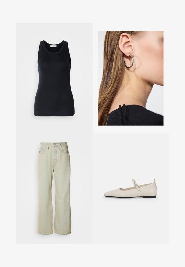 Black tank top made from soft, stretchy fabric. Features a round neckline and wide shoulder straps, with a fitted silhouette and smooth texture.; Light blue wide-leg jeans made of denim, featuring a high waist, five pockets, and subtle fading with contrasting stitching accents.; White leather Mary Jane flats with a pointed toe, side buckle, and low black heel. Smooth texture and minimalistic design.; Silver hoop earring with a polished finish, featuring small gold accent details and a round shape, worn on the lobe.