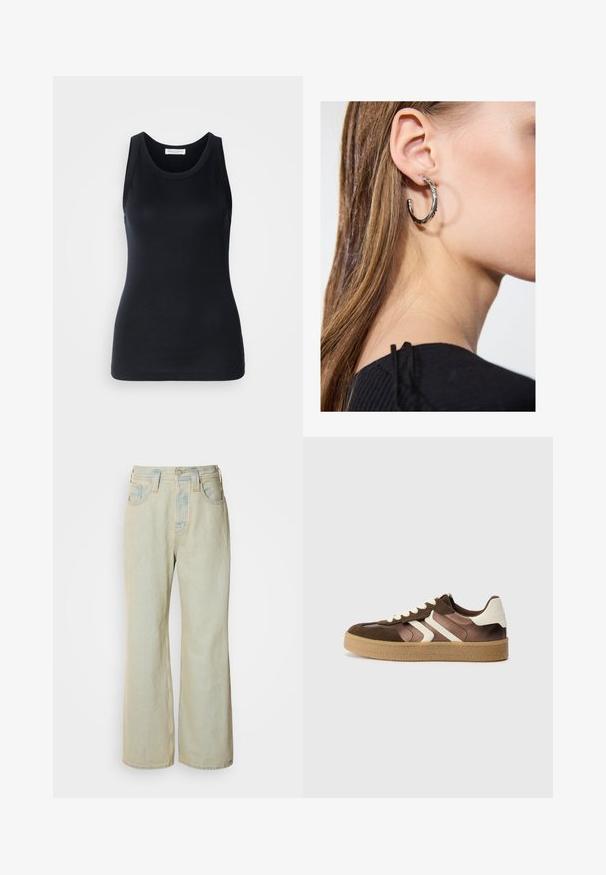 Zwarte tanktop gemaakt van zachte, rekbare stof. Heeft een ronde halslijn en brede schouderbanden, met een aansluitende snit en een gladde textuur.; Lichtblauwe wijde jeans van denim, met een hoge taille, vijf zakken en subtiele vervaging met contrasterende stiksels.; Bruine en crèmekleurige sneakers van een combinatie van suede en satijn, met drie diagonale strepen en een gestructureerde gumrubberen zool.; Zilveren oorbel met een gepolijste afwerking, met kleine gouden accentdetails en een ronde vorm, gedragen op de oorlel.