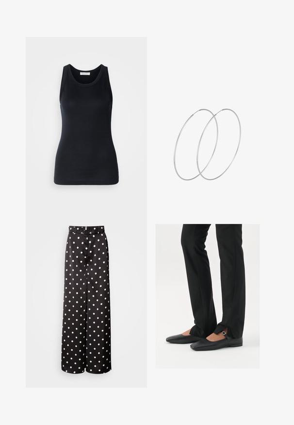Crna majica bez rukava od mekog, rastezljivog materijala. Ima okrugli izrez i široke naramenice, s prilagođenim krojem i glatkom teksturom.; Crne široke hlače s pojasom, izrađene od glatke tkanine s bijelim točkicama throughout.; Crne kožne balerinke s uskim vrhom, trakica sa srebrnom kopčom, u kombinaciji s crnim krojenim hlačama s otvorenim rubom.; Srebrne okrugle naušnice s minimalističkim dizajnom. Kružni oblik, glatka tekstura i tanak profil. Lagane s poliranim završetkom.