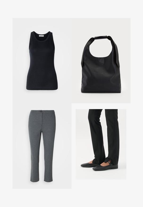 Musta tanktop, mis on valmistatud pehmest ja venivast materjalist. Omab ümmargust kaelust ja laiu õlapaelu, ning sellel on voolav siluett ja sile tekstuur.; Hallid hallid pükste valmistatud pehmest kangast, millel on nupuga sulgemine, sirge lõikekujundus ja sile tekstuur. Ilma taskute ja nähtavate musterita.; Mustadast mustast nahast balletkingad terava ninaga, millel on rihm hõbedase klambriga, kokku sobitatud mustade ülikondpükstega, millel on lõhiku serv.; Mustast nahast käekott, millel on suur avatud ülaosa ja üks õlavarras. Pehme tekstuur, minimalistlik disain, peened metalldetailid.