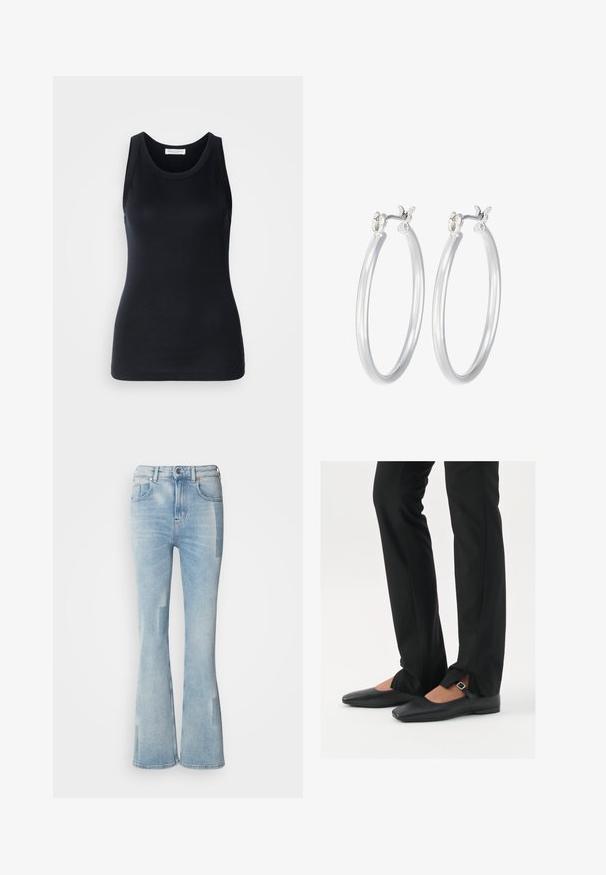 Sort tanktop lavet af blødt, strækbart materiale. Har en rund halsudskæring og brede stropper, med en tætsiddende silhuet og glat tekstur.; Scotch & Soda THE GLOW - Jeans Bootcut - art from the heart; Sorte læder balletflade sko med spids tå, rem med sølvspænde, parret med sorte skræddersyede bukser med slids i bunden.; Sølv hoop øreringe med en glat, poleret overflade. Rund form og sikker klik-lukning. Letvægtsdesign, der er velegnet til hverdagsbrug.