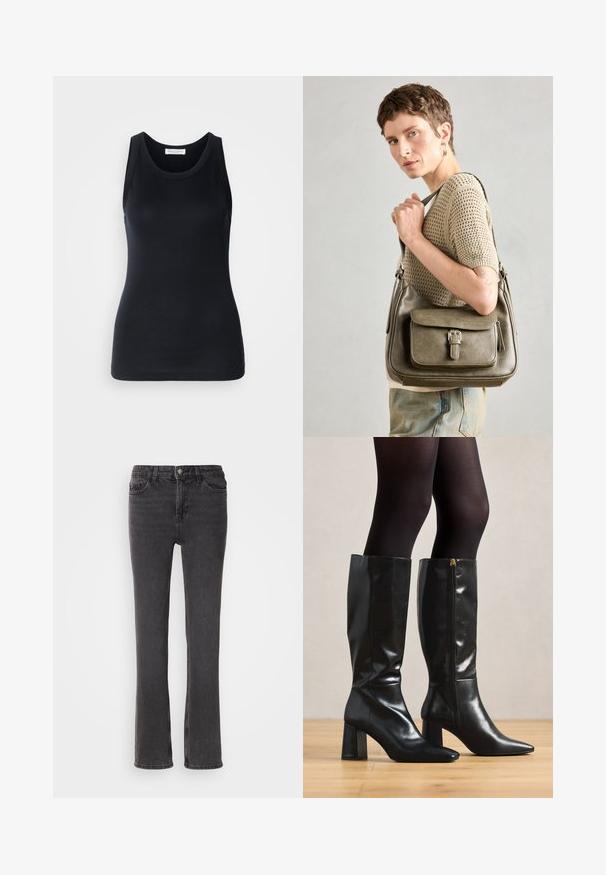 Top negru fără mâneci, fabricat dintr-un material moale și elastic. Are un decolteu rotund și bretele late, cu o siluetă ajustată și o textură fină.; Blugi din denim negru cu croi drept, având buzunare frontale, fermoar și detalii subtile de cusătură. Materialul are o ușoară textură.; Cizme din piele neagră, până la genunchi, cu un finisaj lucios, vârf ascuțit și toc chunky. Detaliu cu fermoar pe lateral pentru o purtare ușoară.; Geantă din piele verde măsliniu cu clapetă frontală, curea ajustabilă și detalii din metal argintiu, prezentată pe un model îmbrăcat cu un top croșetat.; Cercel din argint cu un finisaj polișat, având detalii mici din aur și o formă rotundă, purtat pe lobul urechii.
