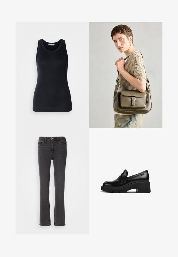 Juodas tanktopas, pagamintas iš minkštos, elastingos medžiagos. Jame yra apykaklės forma ir plačios petnešos, su prigludusia siluetu ir lygiu paviršiumi.; Juodi džinsai su tiesiu kirpimu, turintys priekinę kišenę, užtrauktuką ir subtilius siuvinėjimo akcentus. Audinys turi šiokį tokį tekstūrą.; Juodas odinis loaferis su storais kulnais, storu padu ir dirželiu per viršų, rodoma iš šono ant baltos fono.; Tamsiai žalia odinė rankinė su priekiniais dangteliais, reguliuojama dirželiu ir sidabriniais detalėmis, demonstruojama ant modelio, vilkinčio megztą viršutinę dalį.; Sidabrinė lankinė auskarai su poliruotu paviršiumi, turintys mažus auksinius akcentus ir apvalią formą, dėvimi ant ausies kaušelio.