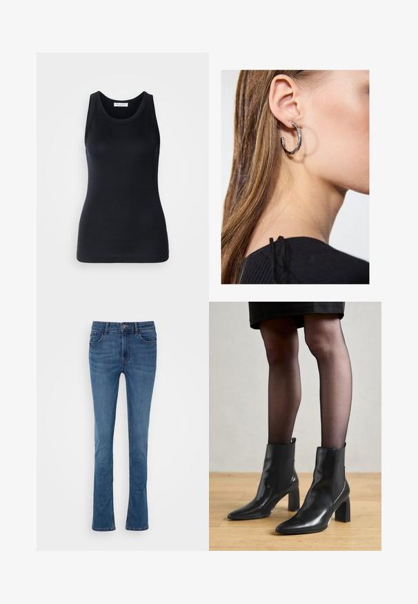 Black tank top made from soft, stretchy fabric. Features a round neckline and wide shoulder straps, with a fitted silhouette and smooth texture.; Blue denim flared jeans with five pockets, belt loops, and a front button closure. Features a smooth texture and slight fading.; Black leather ankle boots with a pointed toe, chunky square heel, and sleek design. Features elastic side panels for easy wear.; Silver hoop earring with a polished finish, featuring small gold accent details and a round shape, worn on the lobe.