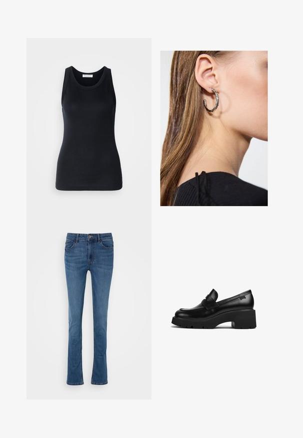 Crna majica bez rukava od mekog, rastezljivog materijala. Ima okrugli izrez i široke naramenice, s prilagođenim krojem i glatkom teksturom.; Plave traperice s jaggerima sa pet džepova, petljama za pojas i zatvaranjem na gumb sprijeda. Imaju glatku teksturu i lagano izblijedjenu boju.; Crna kožna loaferica s debelim potplatom i chunky petom, s trakom preko gornjeg dijela, prikazana sa strane na bijeloj pozadini.; Srebrna kružna naušnica s poliranim završetkom, koja ima male zlatne detalje i okrugli oblik, nošena na uhu.