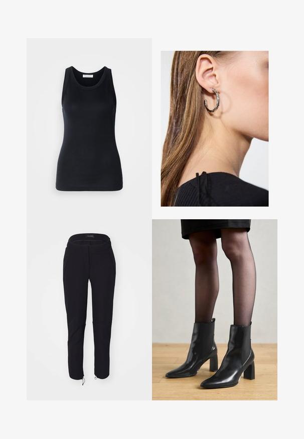Zwarte tanktop gemaakt van zachte, rekbare stof. Heeft een ronde halslijn en brede schouderbanden, met een aansluitende snit en een gladde textuur.; Zwarte broek met een gladde textuur, met een slimfit ontwerp, elastische tailleband, twee zakken en verstelbare manchetten met trekkoorden.; Zwarte leren enkellaarsjes met een spitse neus, stevige vierkante hak en een fraaie uitstraling. Beschikt over elastische zijpanelen voor gemakkelijke aan- en uittrekken.; Zilveren oorbel met een gepolijste afwerking, met kleine gouden accentdetails en een ronde vorm, gedragen op de oorlel.