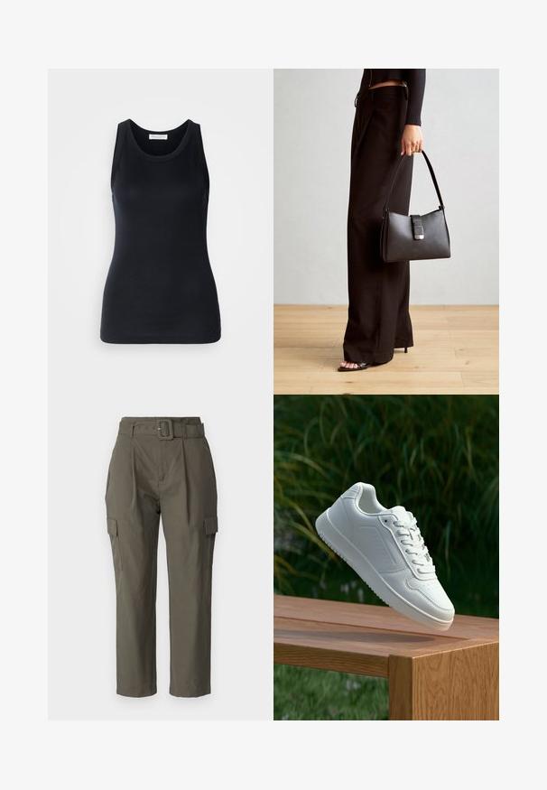 Črn top brez rokavov, izdelan iz mehkega, raztegljivega materiala. Ima okrogel ovratnik in široke naramnice, s prilagojeno silhueto in gladko teksturo.; Cargo hlače v olivno zeleni barvi, izdelane iz lahkotnega materiala. Značilnosti vključujejo pas z obročkom, sprednje gube in stranske žepe s pokrovčki.; Bela teniska s gladkim sintetičnim zgornjim delom, perforiranim prednjim delom, ravnimi vezalkami in teksturiranim podplatom, prikazana na leseni površini.; Črna torbica z strukturirano obliko, gladko teksturo in kovinskim zaponko. Ujemajo se z širokimi črnimi hlačami in odprtimi sandali na lesenem tleh.; Srebrna obročasta uhana s polirano površino, ki vključuje majhne zlate poudarke in okroglo obliko, nošena na ušesnem lobu.