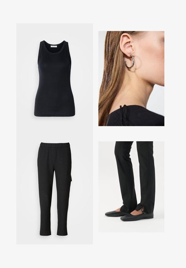 Top nero senza maniche realizzato in un tessuto morbido e elasticizzato. Caratterizzato da un collo rotondo e spalline larghe, con una vestibilità aderente e una superficie liscia.; Pantaloni neri a righe con vita elastica e design a gamba dritta. Presentano una tasca laterale con aletta, realizzati in un tessuto liscio.; Ballerine in pelle nera con punta appuntita, cinturino con fibbia in argento, abbinate a pantaloni neri su misura con orlo a spacco.; Orecchino a cerchio in argento con finitura lucida, caratterizzato da piccoli dettagli in oro e una forma tondeggiante, indossato sul lobo.