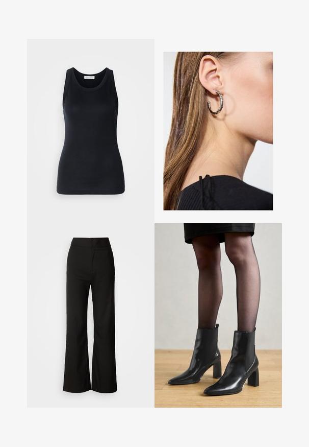Débardeur noir en tissu doux et extensible. Il dispose d'un col rond et de larges bretelles, avec une silhouette ajustée et une texture lisse.; Pantalons noirs à jambes larges avec une texture lisse, taille haute et un design épuré. Pas de poches visibles ni d'embellissements.; Bottines en cuir noir avec un bout pointu, un talon carré épais et un design élégant. Présente des panneaux latéraux élastiques pour un enfilage facile.; Boucle d'oreille en argent avec une finition polie, présentant de petits détails en or et de forme ronde, portée sur le lobe.