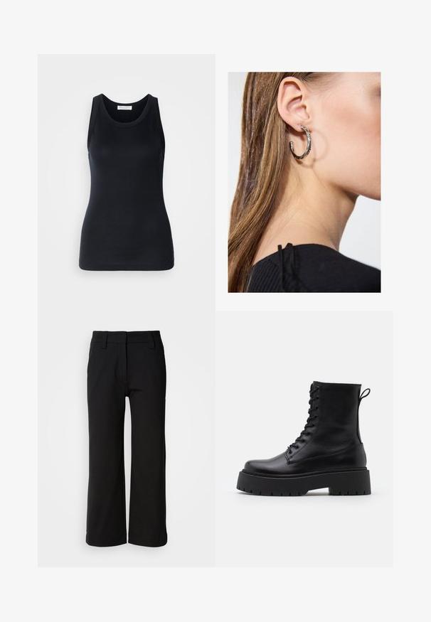Top preto de alças feito de um tecido macio e elástico. Apresenta uma gola redonda e alças largas, com uma silhueta ajustada e textura suave.; Calças largas pretas feitas de tecido suave. Apresentam um frente liso, passadores de cinto e uma bainha limpa, sem bolsos ou fechos visíveis.; Botas de couro pretas até ao tornozelo, com bico redondo, atacador na frente e uma sola de borracha espessa com um padrão texturizado. Alça na parte de trás.; Brinco de argola prateada com acabamento polido, apresentando pequenos detalhes em dourado e uma forma redonda, usado na orelha.