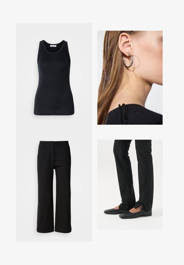 Svart tanktopp laget av myk, elastisk stoff. Har rund halsutskjæring og brede skulderstropper, med en tettsittende silhuett og jevn tekstur.; Sorte vide benbukser laget av glatt stoff. Har flat front, beltehemper og en ren kant uten lommer eller synlige lukkinger.; Svart skinnballett-sko med spiss tå, stropp med sølvspenne, kombinert med svarte skreddersydde bukser med splitt i kanten.; Sølv ringøredob med en polert finish, med små gull detaljer og en rund form, båret på øreflippen.