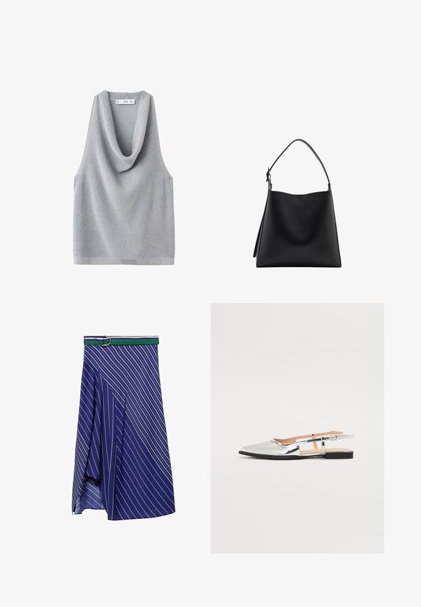 Ärmlös grå stickad topp med draperad halsringning. Texturerad tyg och en avslappnad passform, med rak nederkant och minimala detaljer.; Blå kjol med diagonala vita ränder och ett grön- och vitrandigt bälte med en silverspänne. Lätt, svävande tyg med en slits.; Silver slingback-lägenheter med spetsig tå och låg klack. Glansigt lackfinish med urtagning på sidorna och justerbar spänne.; Svart läderhandväska med en slät yta, minimalistisk design och en enkel, böjd axelrem. Öppen topp, ingen synlig hårdvara.
