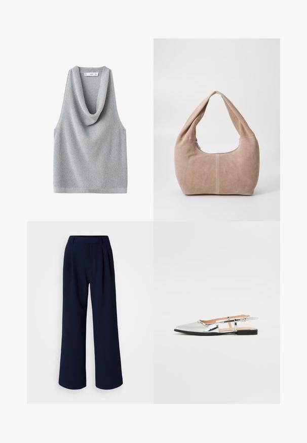 Sleeveless gray knit top with a draped cowl neckline. Textured fabric and a relaxed fit, featuring straight hemline and minimal detailing.; Wide-leg trousers in dark navy, featuring pleats at the front, smooth fabric, and a classic waistband. No visible pockets or detailing.; Silver slingback flats with a pointed toe and low heel. Glossy patent finish with cutout design on the sides and adjustable buckle strap.; Hobo bag made of soft, suede material in a light beige color. Features a rounded shape with a wide strap and zip closure.