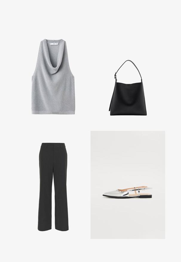 Bez rukava, sivi pleteni top s naboranim dekolteom. Teksturalna tkanina i opušteni kroj, s ravnim rubom i minimalnim detaljima.; Tamno sive široke hlače izrađene od teksturiranog materijala, s ravnim prednjim dijelom, petljicama za remen i urednim rubom, prikladne za formalnu ili ležernu odjeću.; Srebrne slingback balerinke s šiljastim vrhom i niskom petom. Sjajan lakirani završetak s izrezbarenom dizajnom sa strane i podesivom kopčom.; Crna kožna torba s glatkom teksturom, minimalističkim dizajnom i jednim zakrivljenim remenom za nošenje preko ramena. Otvorena na vrhu, bez vidljivih metalnih dijelova.