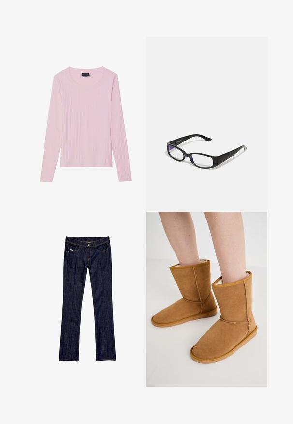 Top de manga larga de color rosa claro con escote redondeado y silueta ajustada. Hecho de una tela suave y texturizada. Diseño minimalista, sin patrones.; Jeans de denim azul oscuro con un diseño de pierna recta, que presentan un cierre frontal de botón, cinco bolsillos y costuras visibles a lo largo de las costuras.; Botas de tobillo de ante color beige con un suave forro color crema. Presentan una suela plana y acentos cosidos a lo largo de las costuras, diseñadas para brindar comodidad.; Gafas rectangulares negras con lentes transparentes. Acabado brillante, varillas estrechas y tinte púrpura visible en los bordes de los lentes.; Bolso de hombro sintético negro con una silueta curvada, acabado texturizado, logo triangular dorado y acentos de hardware desmontables.; Collar de perlas de agua dulce con perlas redondas blancas uniformes, finalizado con un cierre de plata y una cadena extensora para longitud ajustable.